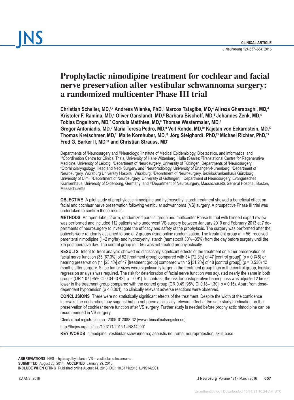 Prophylactic Nimodipine Treatment for Cochlear and Facial Nerve Preservation After Vestibular Schwannoma Surgery: a Randomized Multicenter Phase III Trial