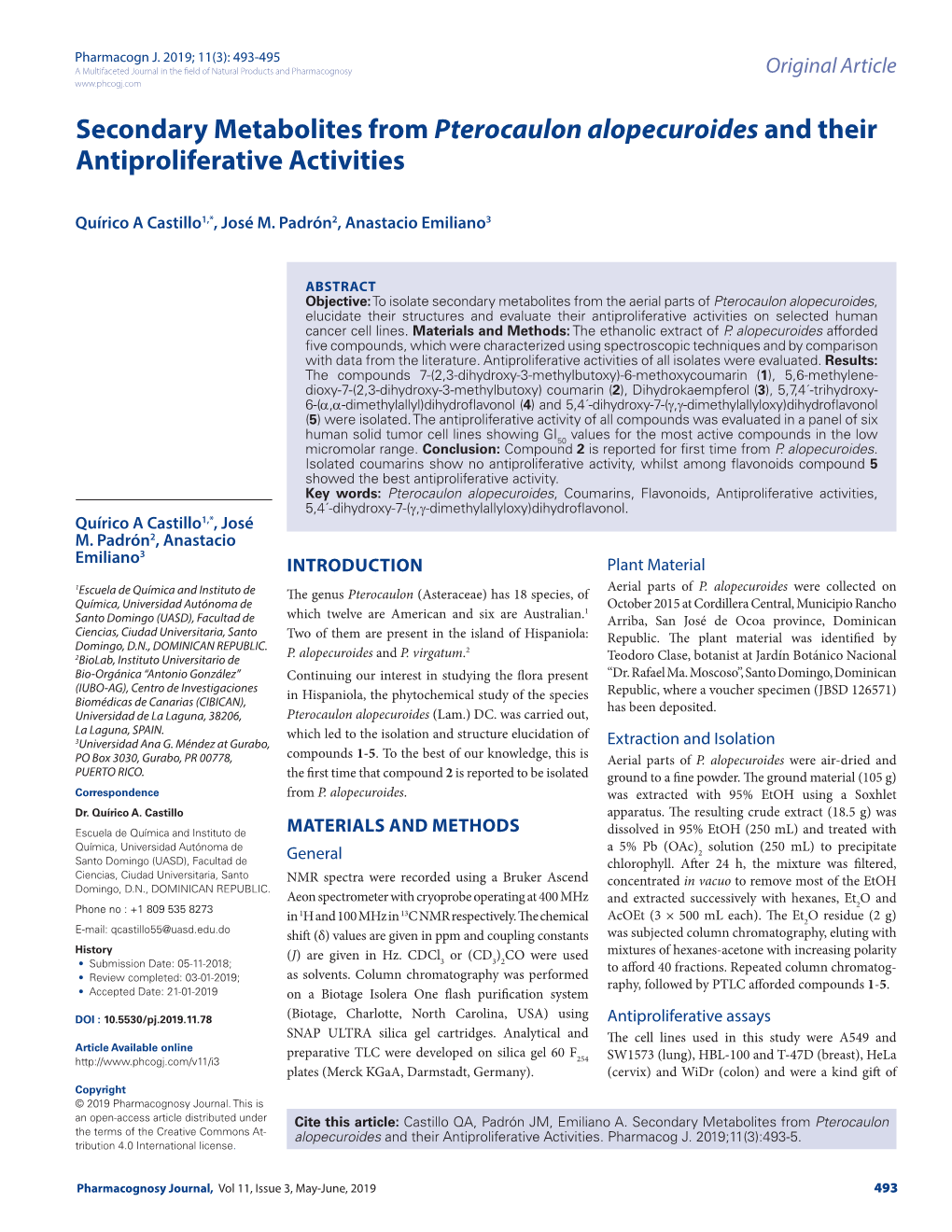 Secondary Metabolites from Pterocaulon Alopecuroides and Their Antiproliferative Activities