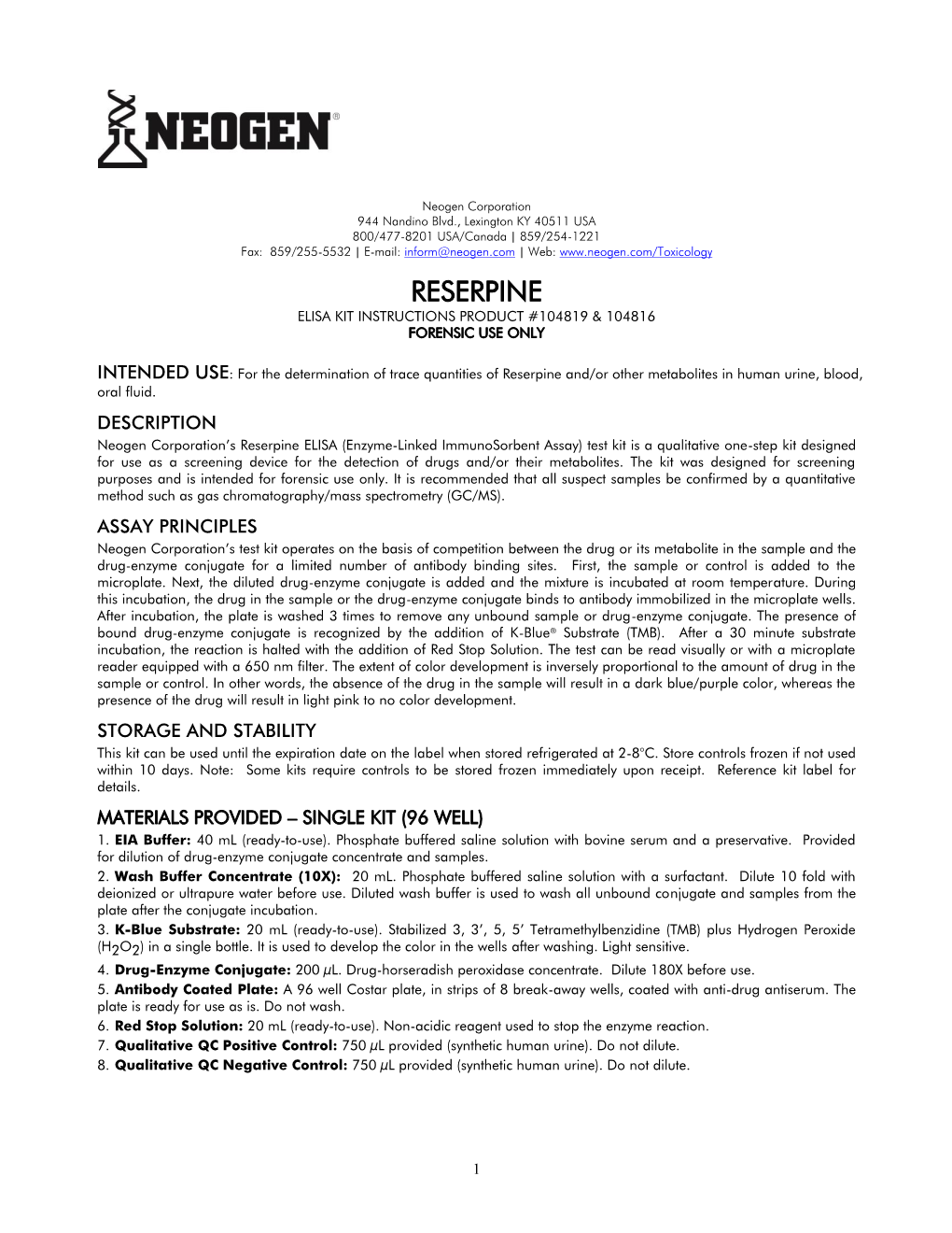 Reserpine Elisa Kit Instructions Product #104819 & 104816 Forensic Use Only