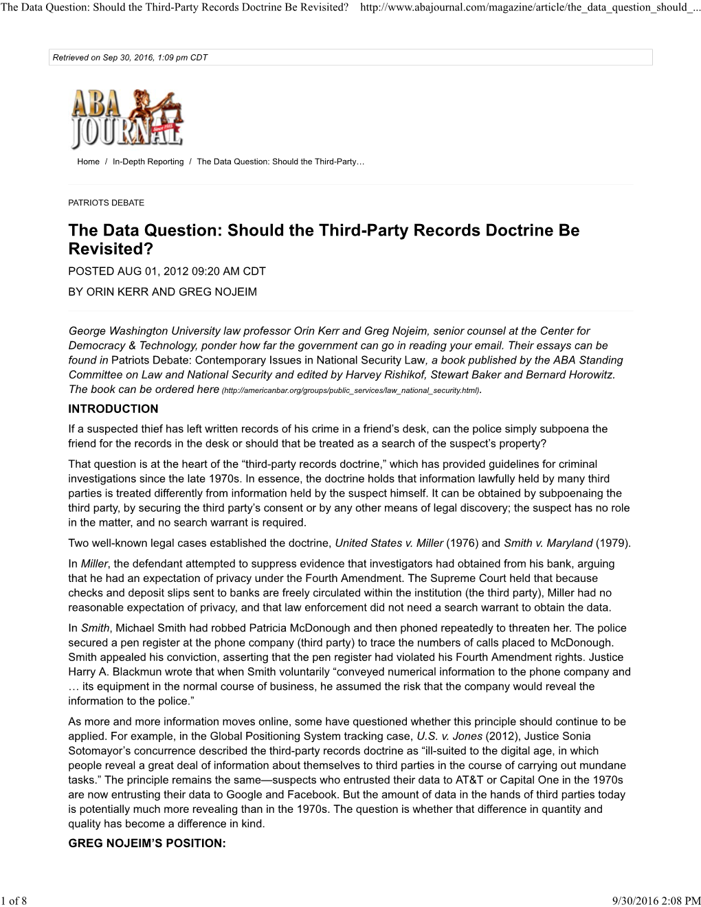 Should the Third-Party Records Doctrine Be Revisited?