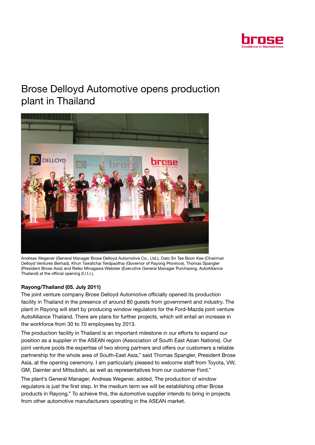 Brose Delloyd Automotive Opens Production Plant in Thailand