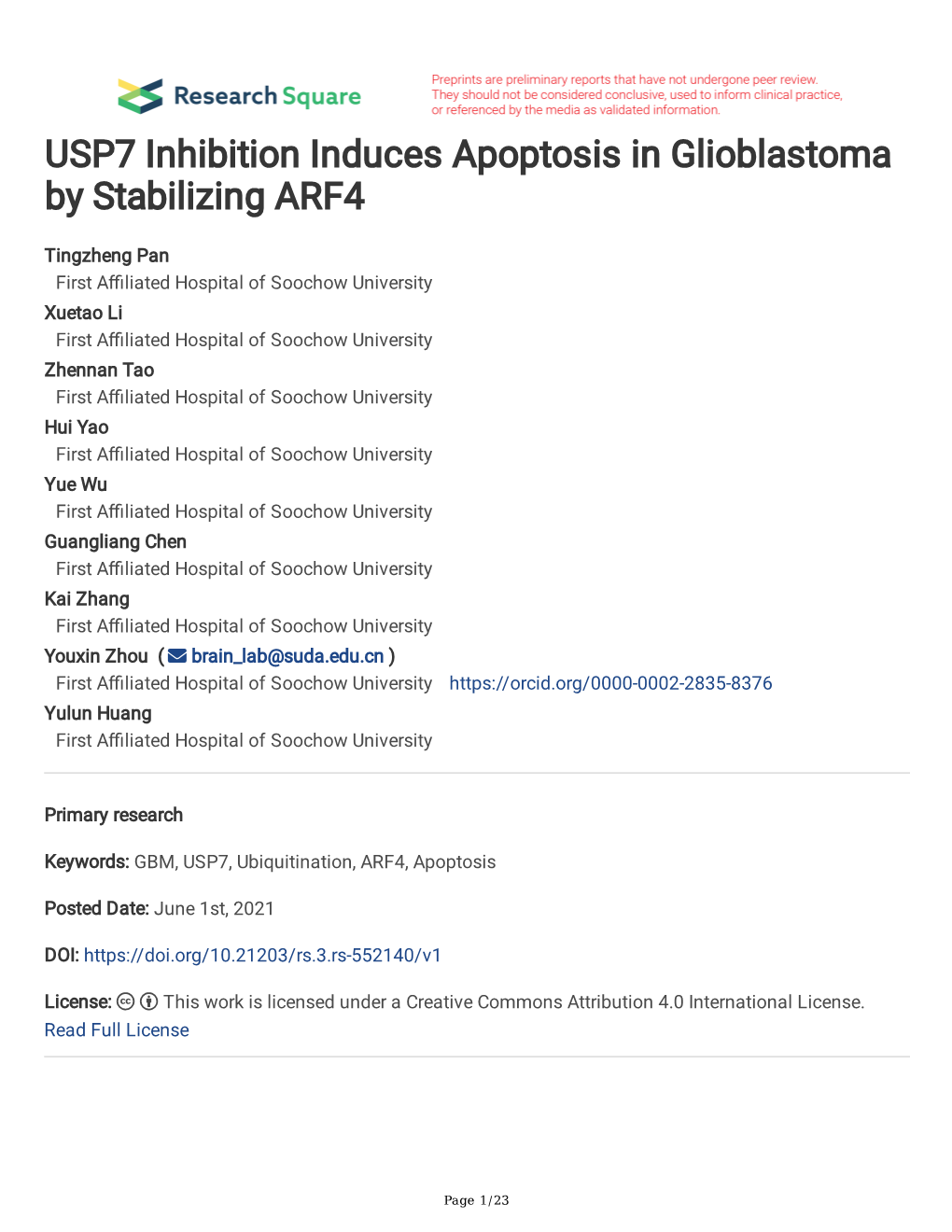 USP7 Inhibition Induces Apoptosis in Glioblastoma by Stabilizing ARF4