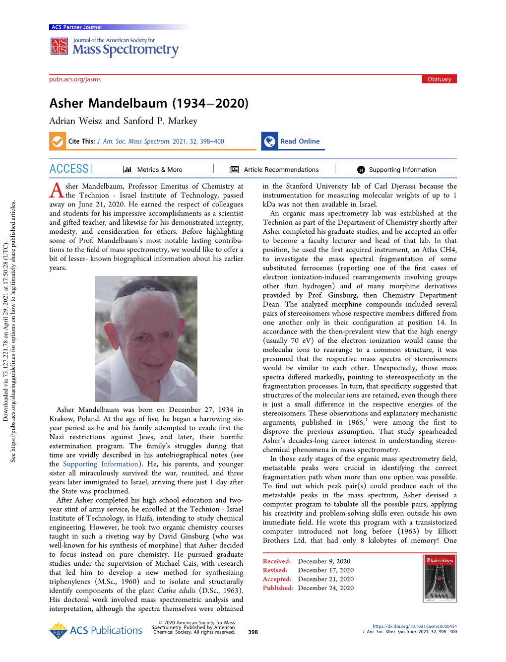 Asher Mandelbaum (1934−2020) Adrian Weisz and Sanford P