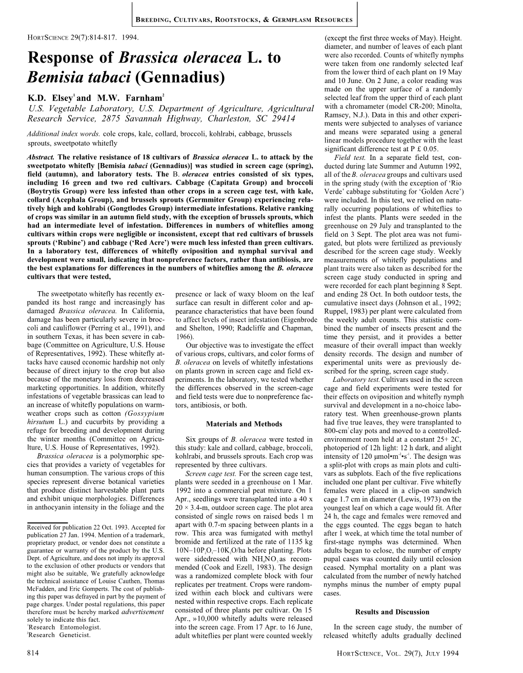 Response of Brassica Oleracea L. to Bemisia Tabaci (Gennadius)