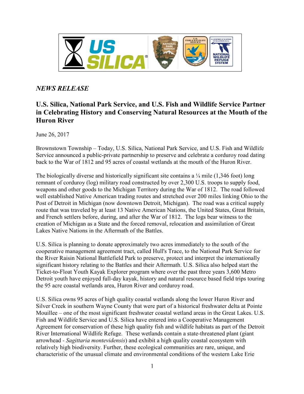 NEWS RELEASE U.S. Silica, National Park Service, and U.S. Fish And