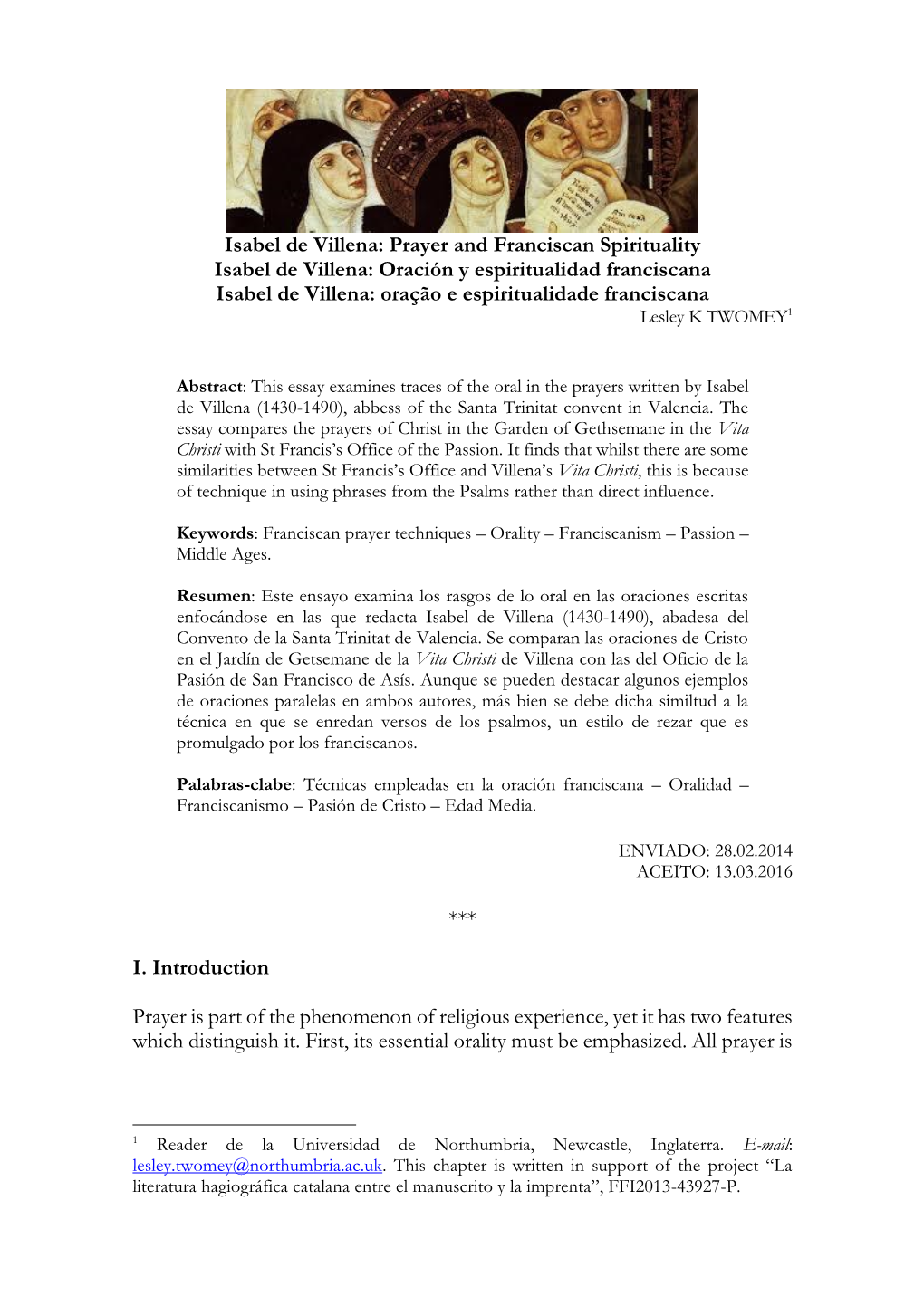 Isabel De Villena: Prayer and Franciscan Spirituality Isabel De Villena: Oración Y Espiritualidad Franciscana Isabel De Villena