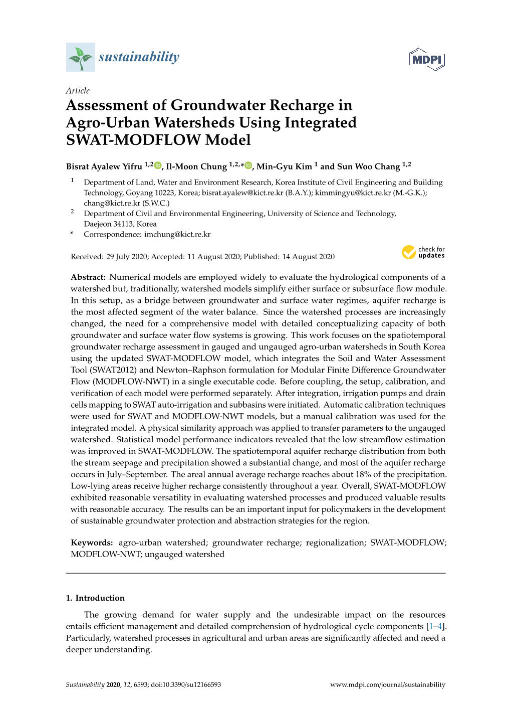 Assessment of Groundwater Recharge in Agro-Urban Watersheds Using Integrated SWAT-MODFLOW Model