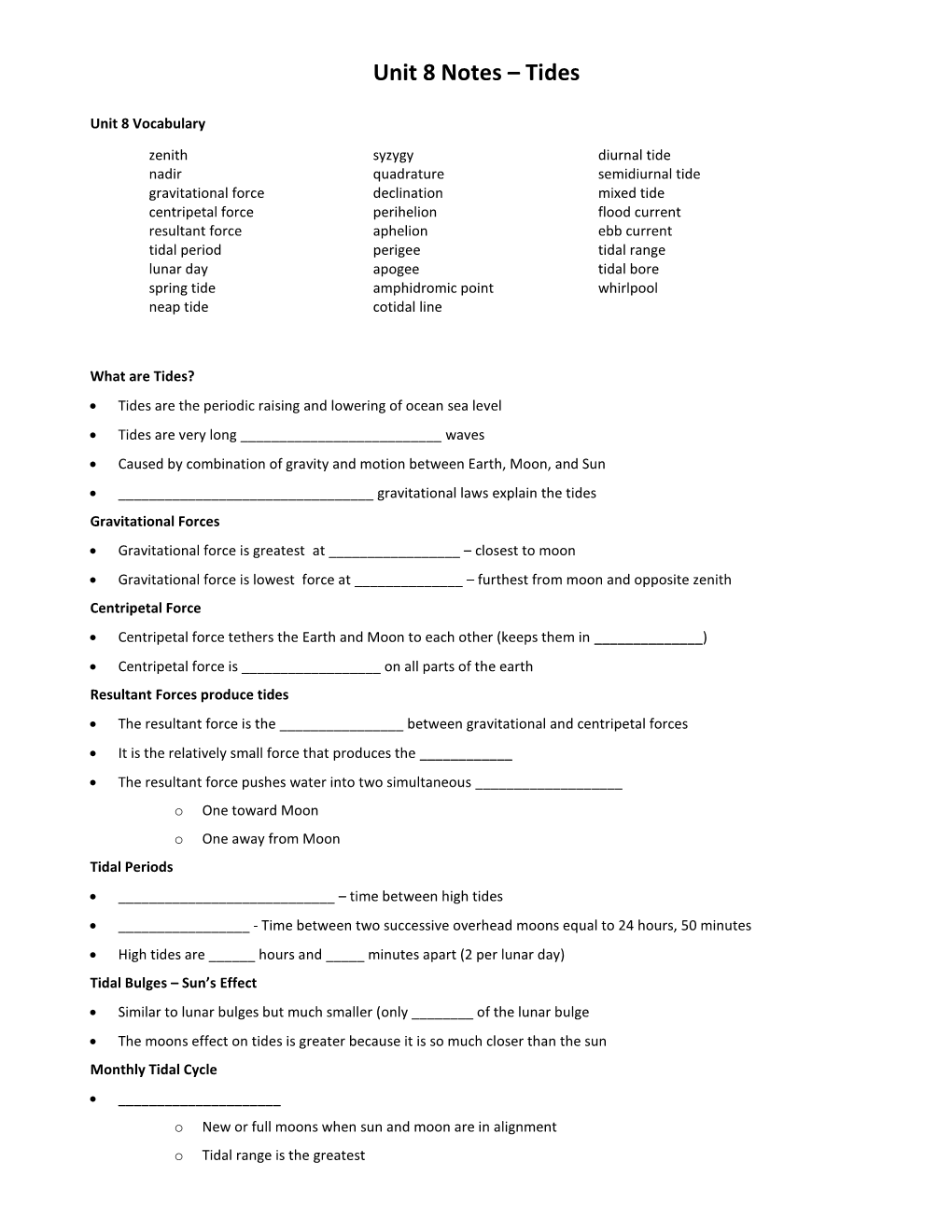 Unit 8 Notes – Tides