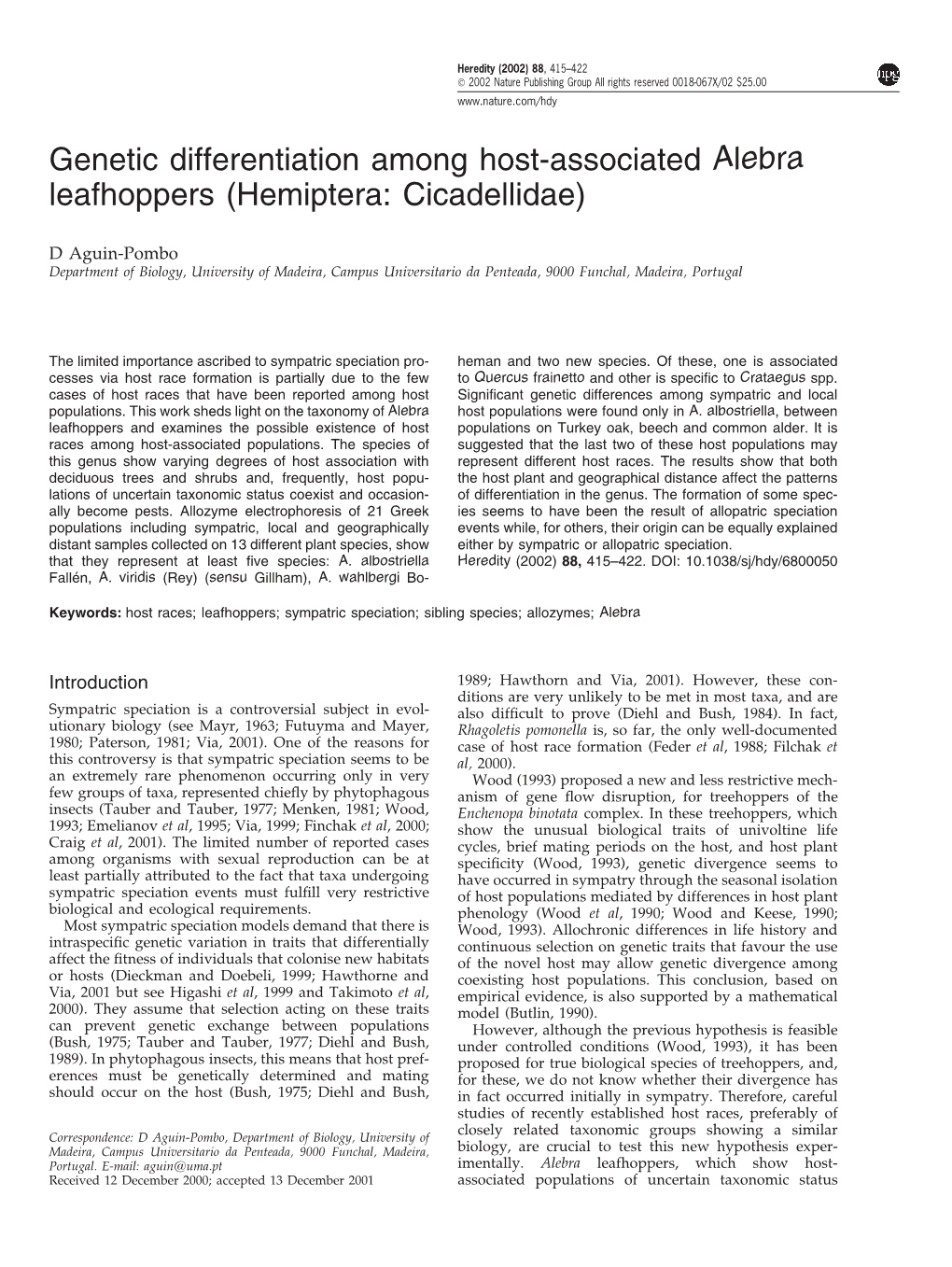 Genetic Differentiation Among Host-Associated Alebra Leafhoppers (Hemiptera: Cicadellidae)