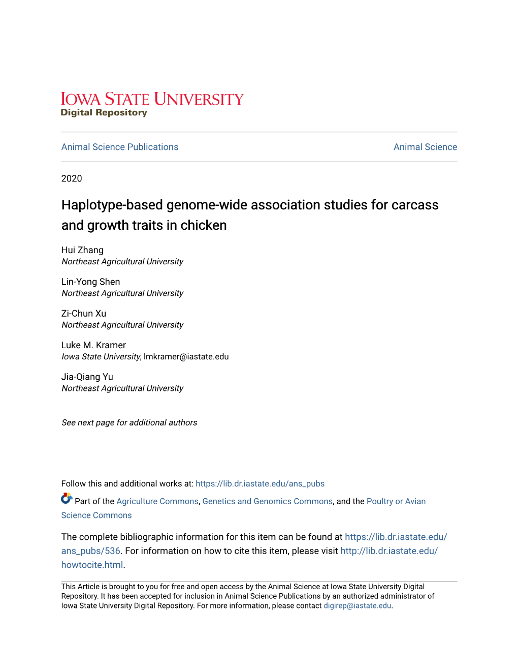 Haplotype-Based Genome-Wide Association Studies for Carcass and Growth Traits in Chicken