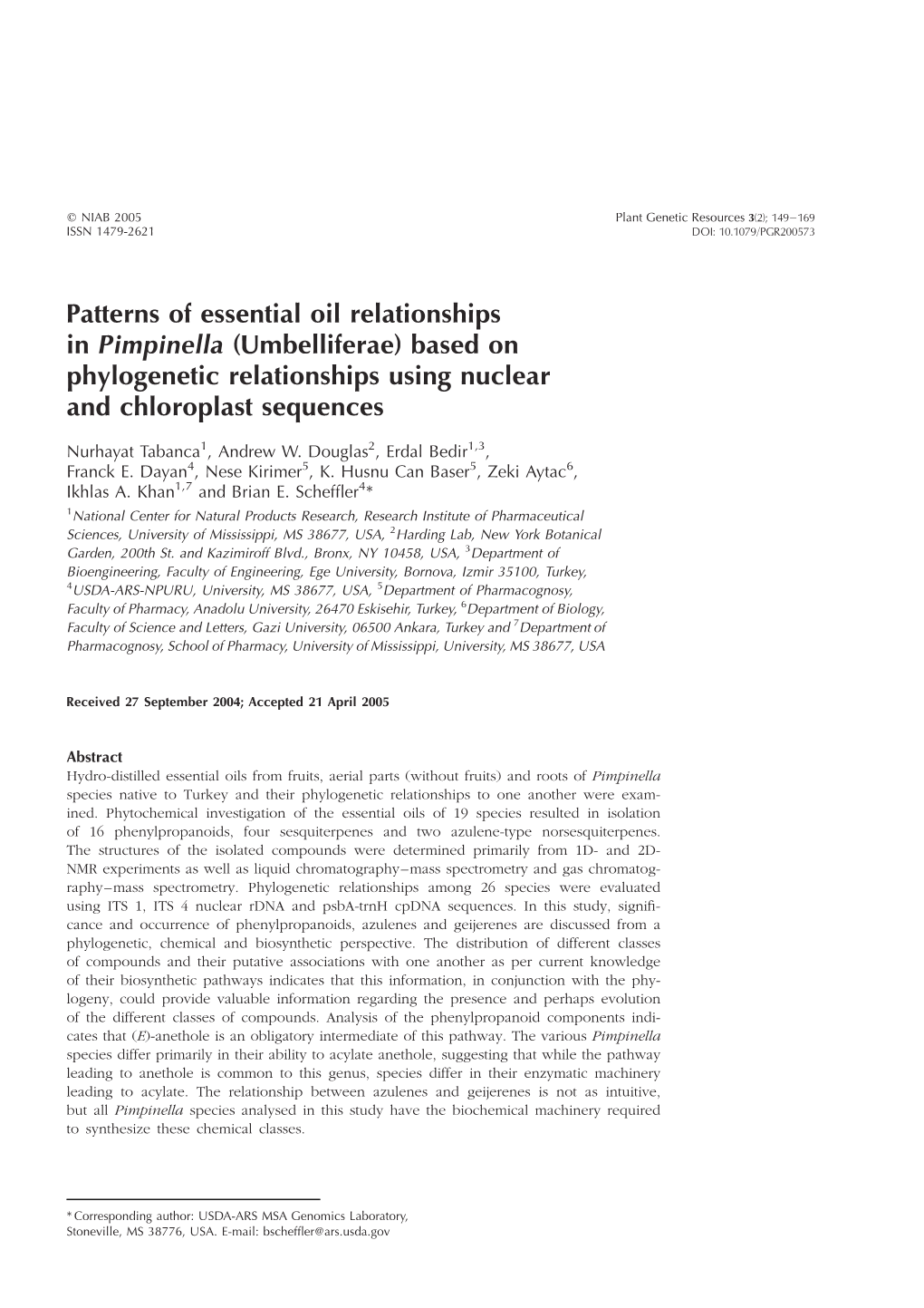 Patterns of Essential Oil Relationships in Pimpinella (Umbelliferae) Based on Phylogenetic Relationships Using Nuclear and Chloroplast Sequences