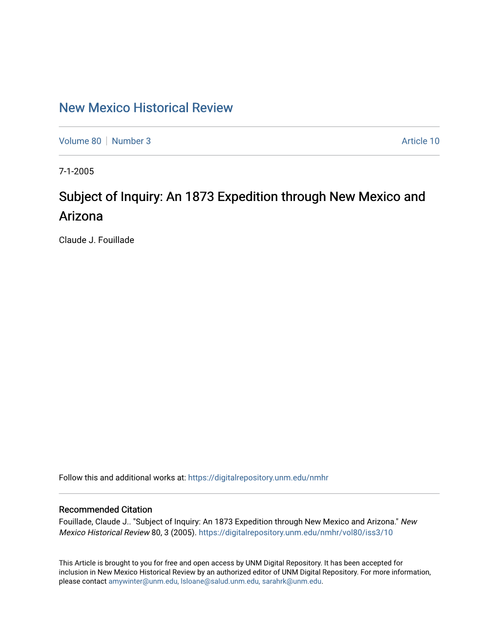 Subject of Inquiry: an 1873 Expedition Through New Mexico and Arizona