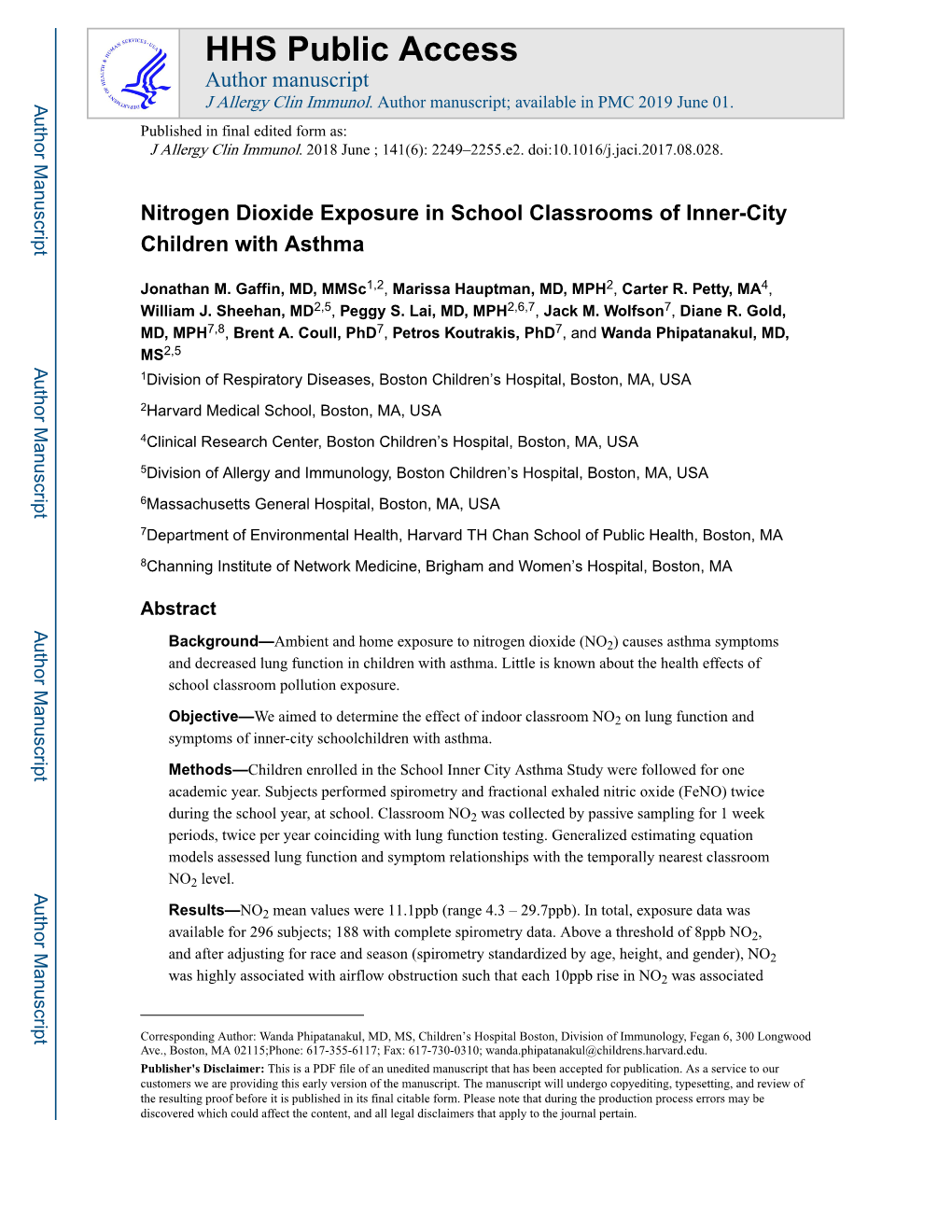 Nitrogen Dioxide Exposure in School Classrooms of Inner-City Children with Asthma