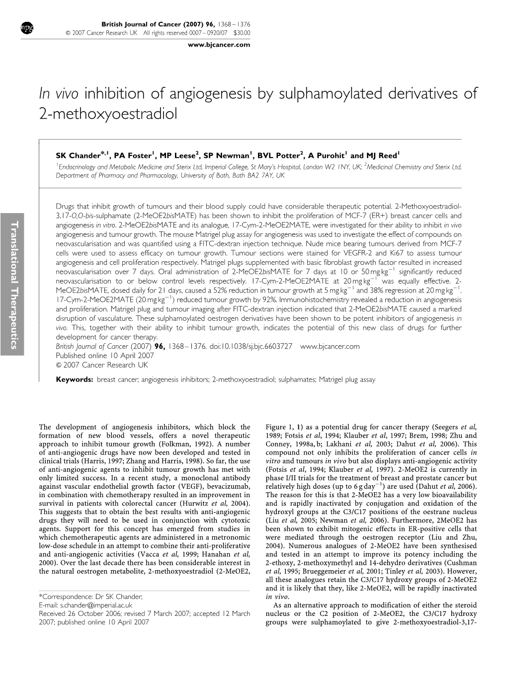 In Vivo Inhibition of Angiogenesis by Sulphamoylated Derivatives of 2-Methoxyoestradiol