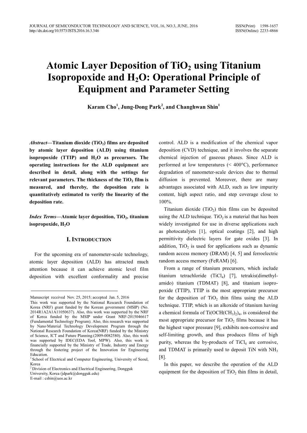 Atomic Layer Deposition of Tio2 Using Titanium Isopropoxide and H2O: Operational Principle of Equipment and Parameter Setting