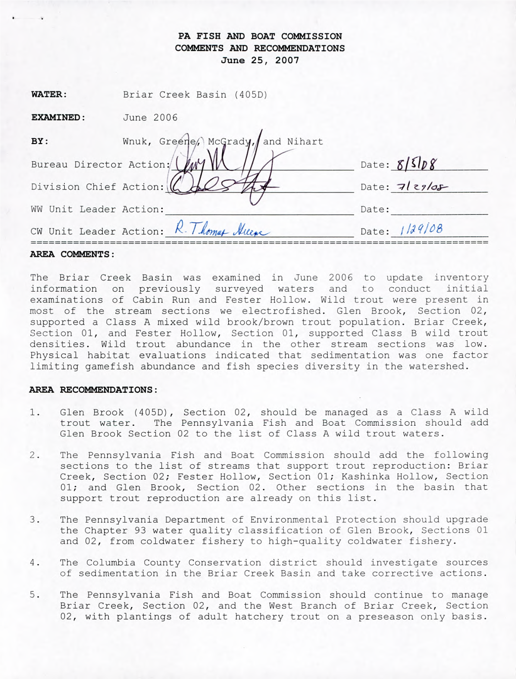 PA FISH and BOAT COMMISSION COMMENTS and RECOMMENDATIONS June 25, 2007