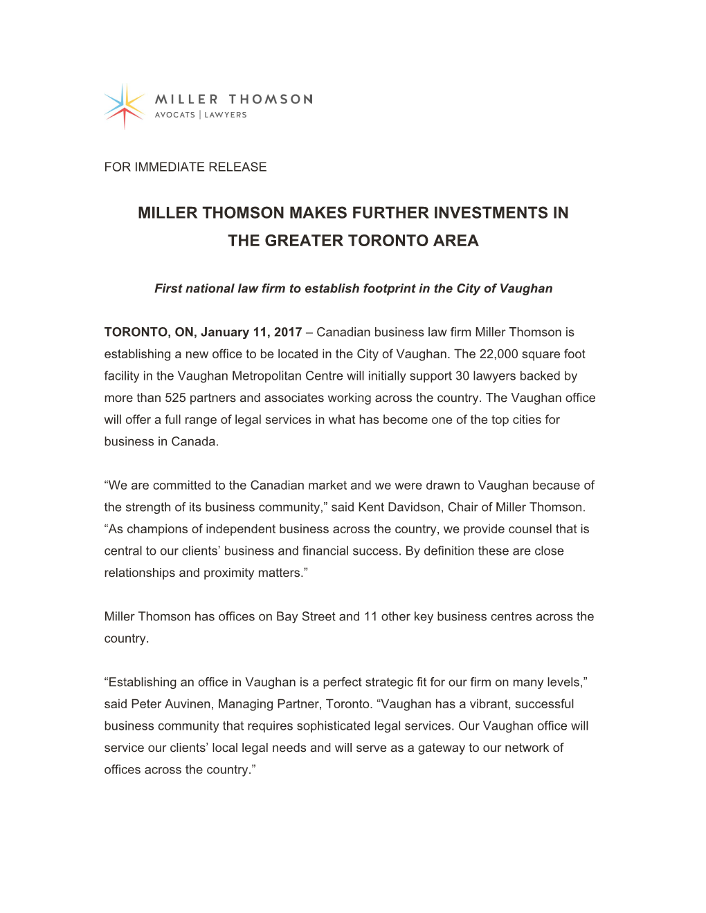 Miller Thomson Makes Further Investments in the Greater Toronto Area