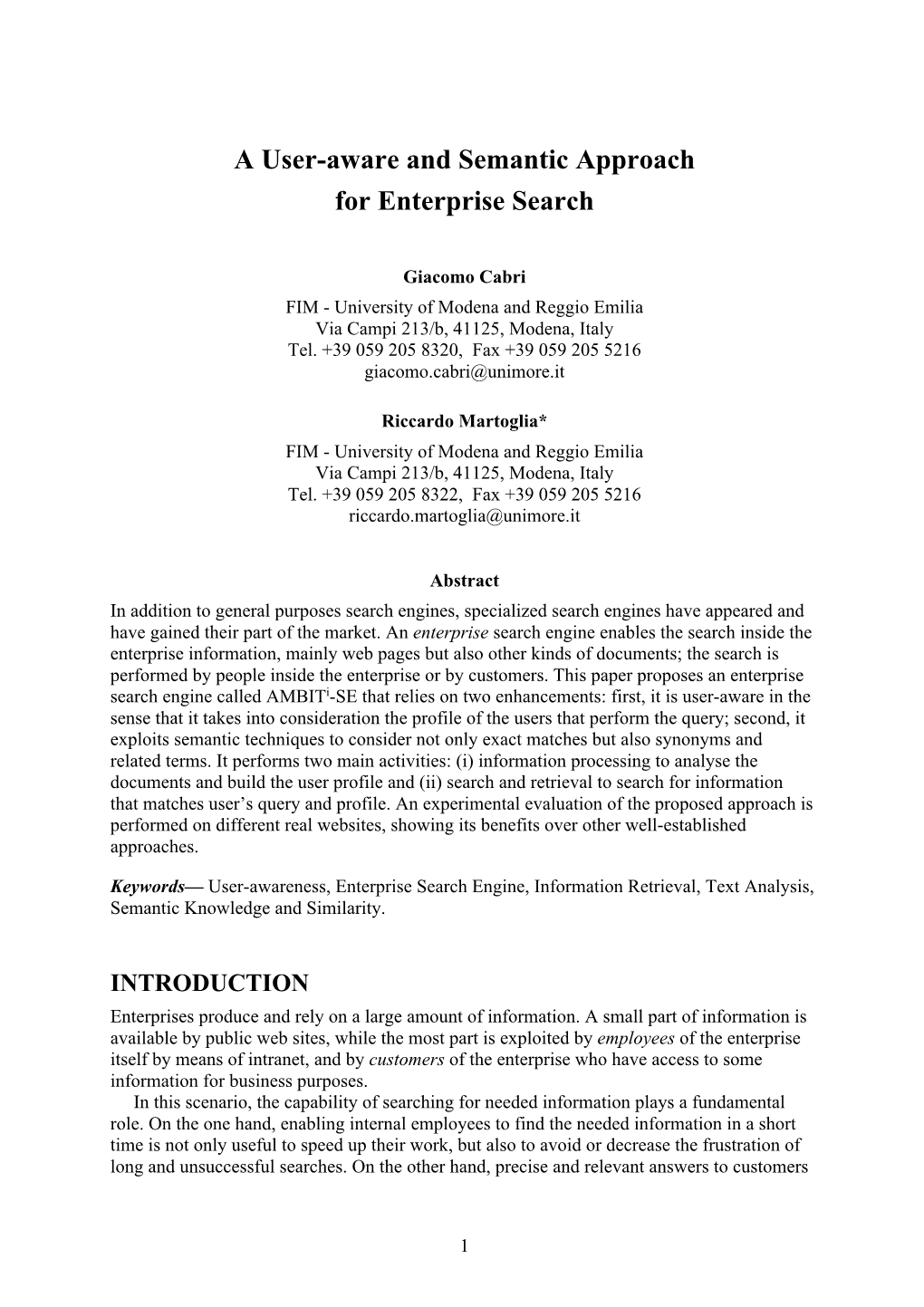 A User-Aware and Semantic Approach for Enterprise Search