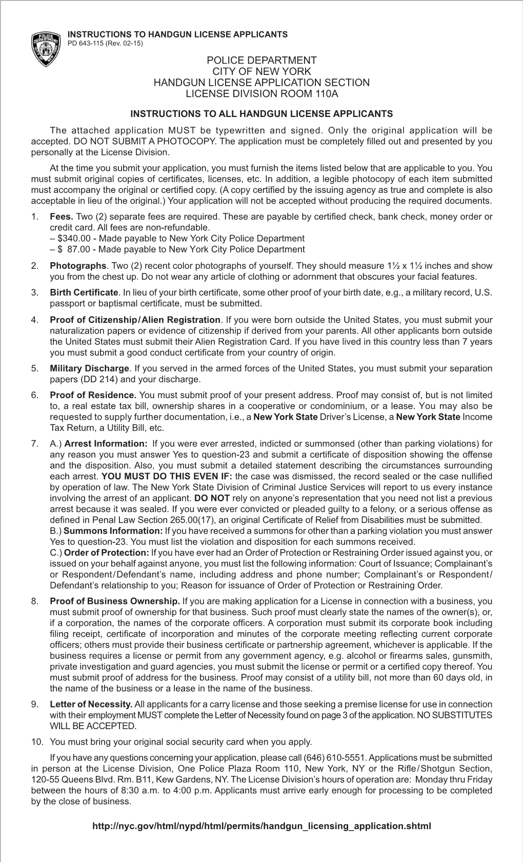 Police Department City of New York Handgun License Application Section License Division Room 110A