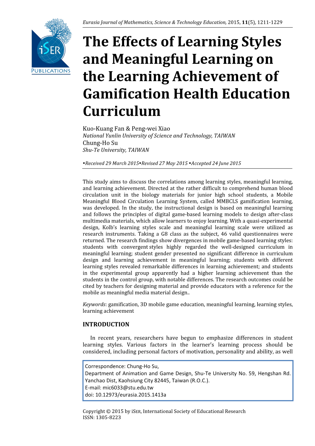 The Effects of Learning Styles and Meaningful Learning on the Learning Achievement of Gamification Health Education Curriculum