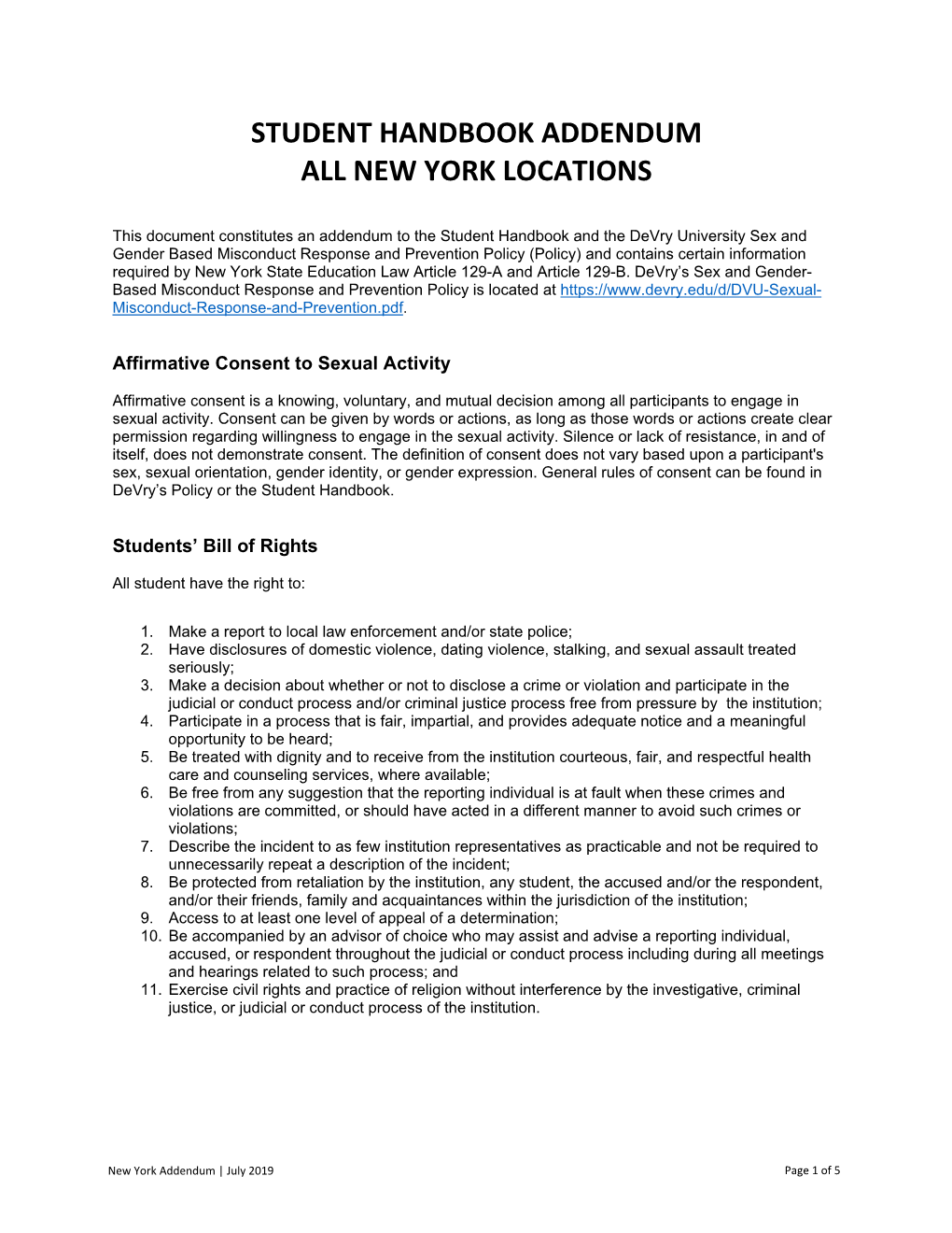 Student Handbook Addendum All New York Locations