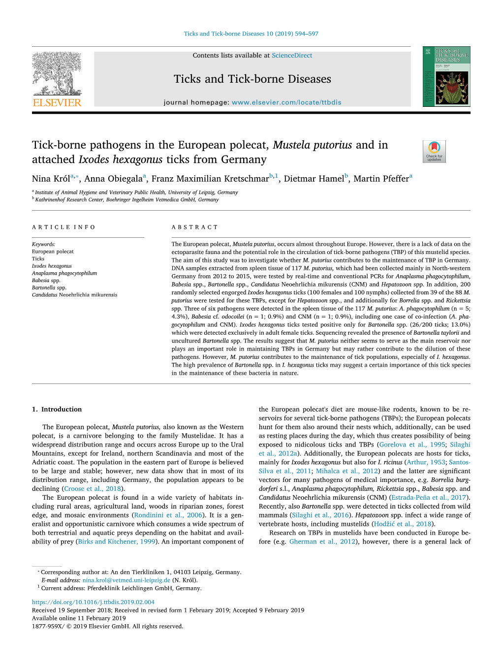 Ticks and Tick-Borne Diseases 10 (2019) 594–597