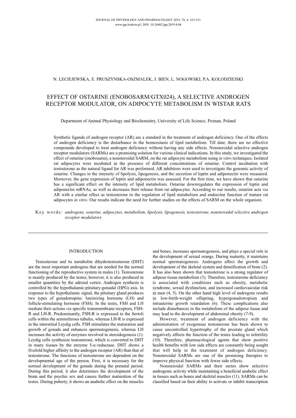 Effect of Ostarine (Enobosarm/Gtx024), a Selective Androgen Receptor Modulator, on Adipocyte Metabolism in Wistar Rats