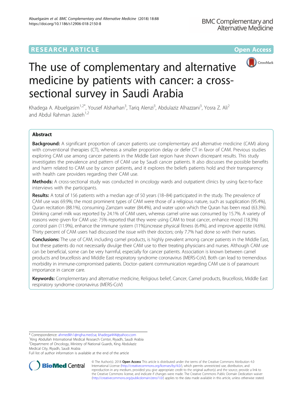 The Use of Complementary and Alternative Medicine by Patients with Cancer: a Cross- Sectional Survey in Saudi Arabia Khadega A