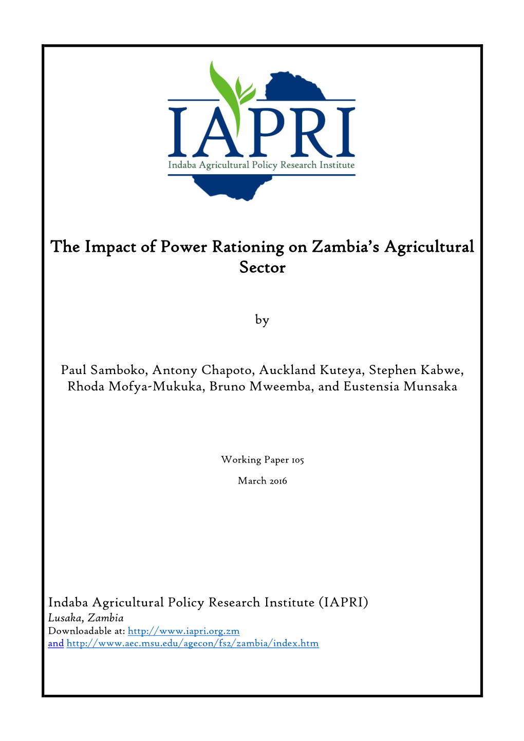The Impact of Power Rationing on Zambia's Agricultural Sector