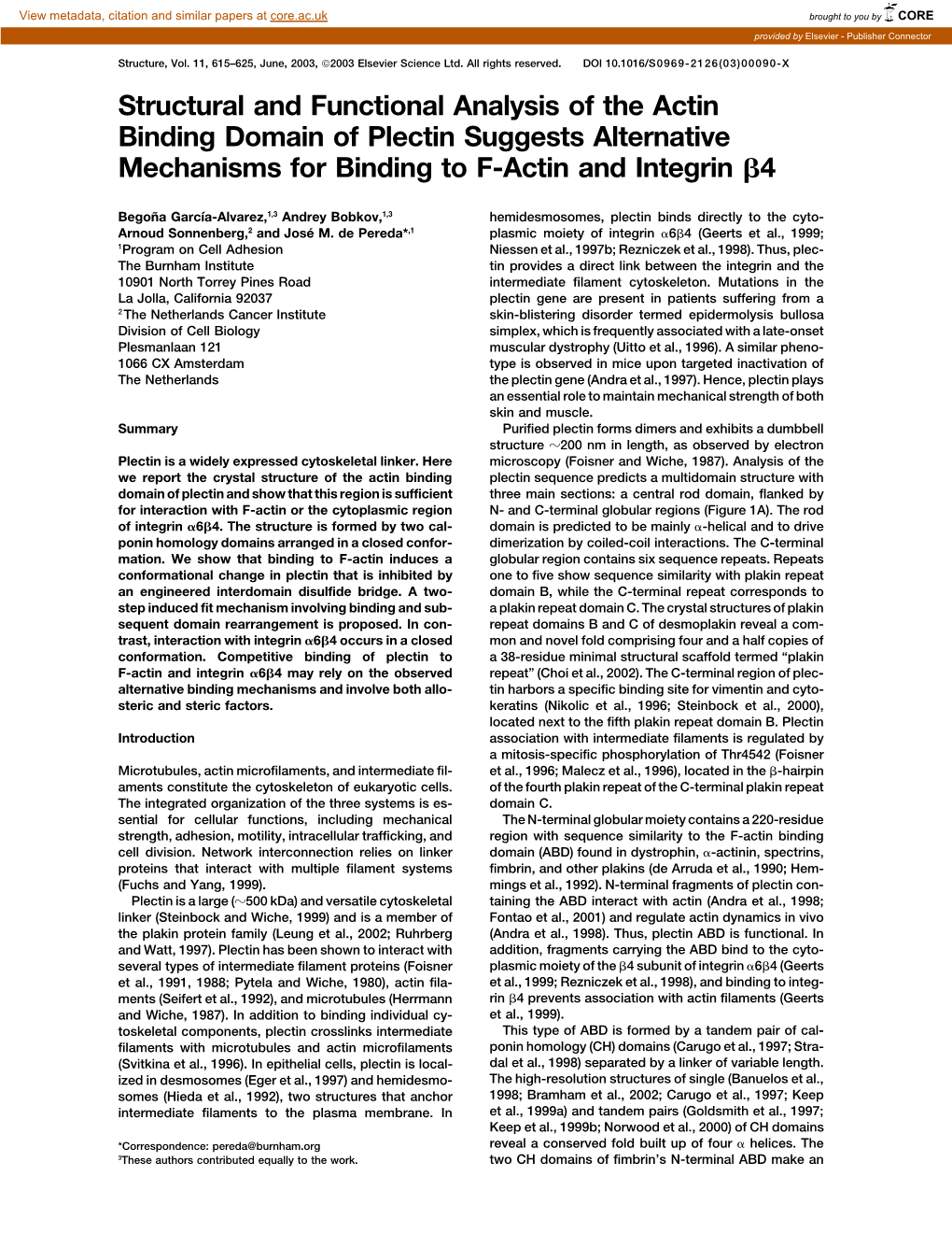 Structural and Functional Analysis of the Actin Binding Domain of Plectin Suggests Alternative Mechanisms for Binding to F-Actin and Integrin ␤4