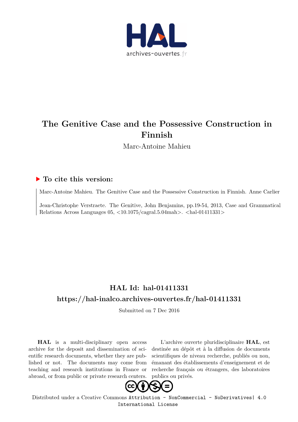 The Genitive Case and the Possessive Construction in Finnish Marc-Antoine Mahieu