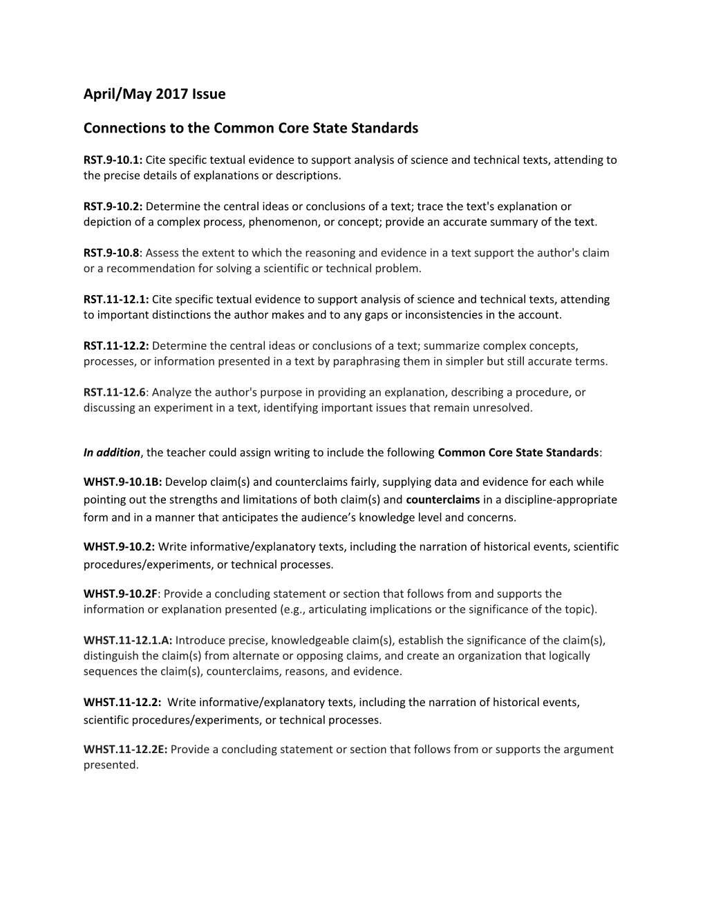 Connections to the Common Core State Standards