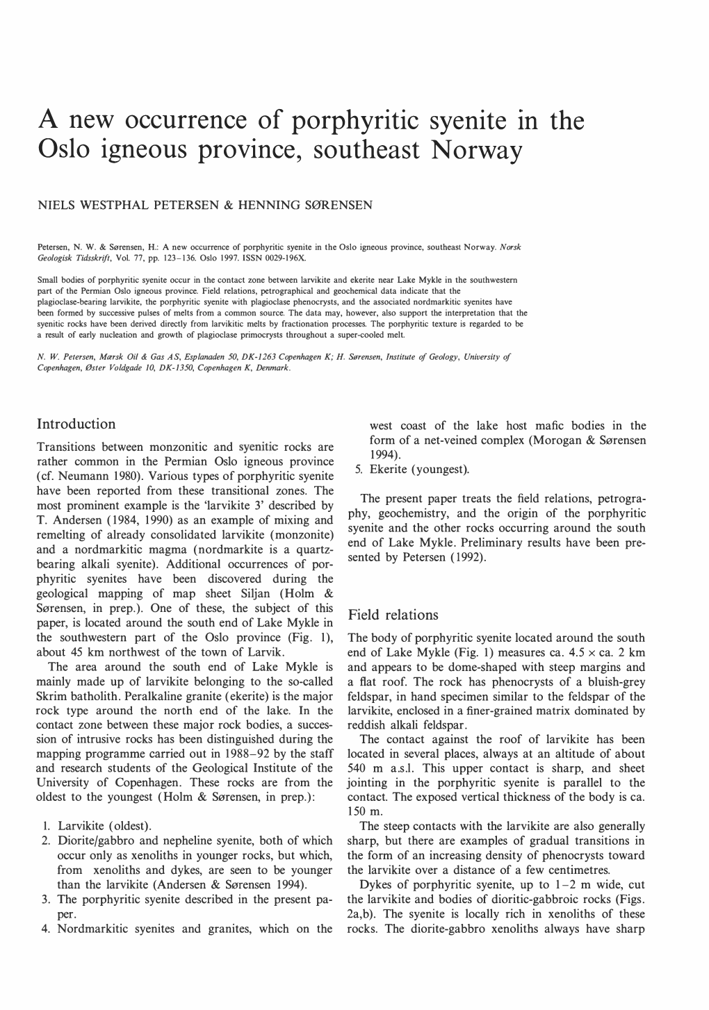 A New Occurrence of Porphyritic Syenite in the Oslo Igneous Province, Southeast Norway