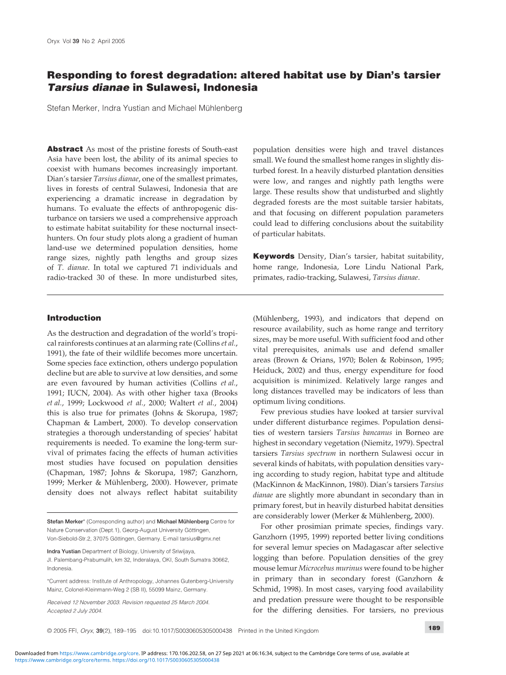 Altered Habitat Use by Dian's Tarsier Tarsius Dianae in Sulawesi, Indonesia