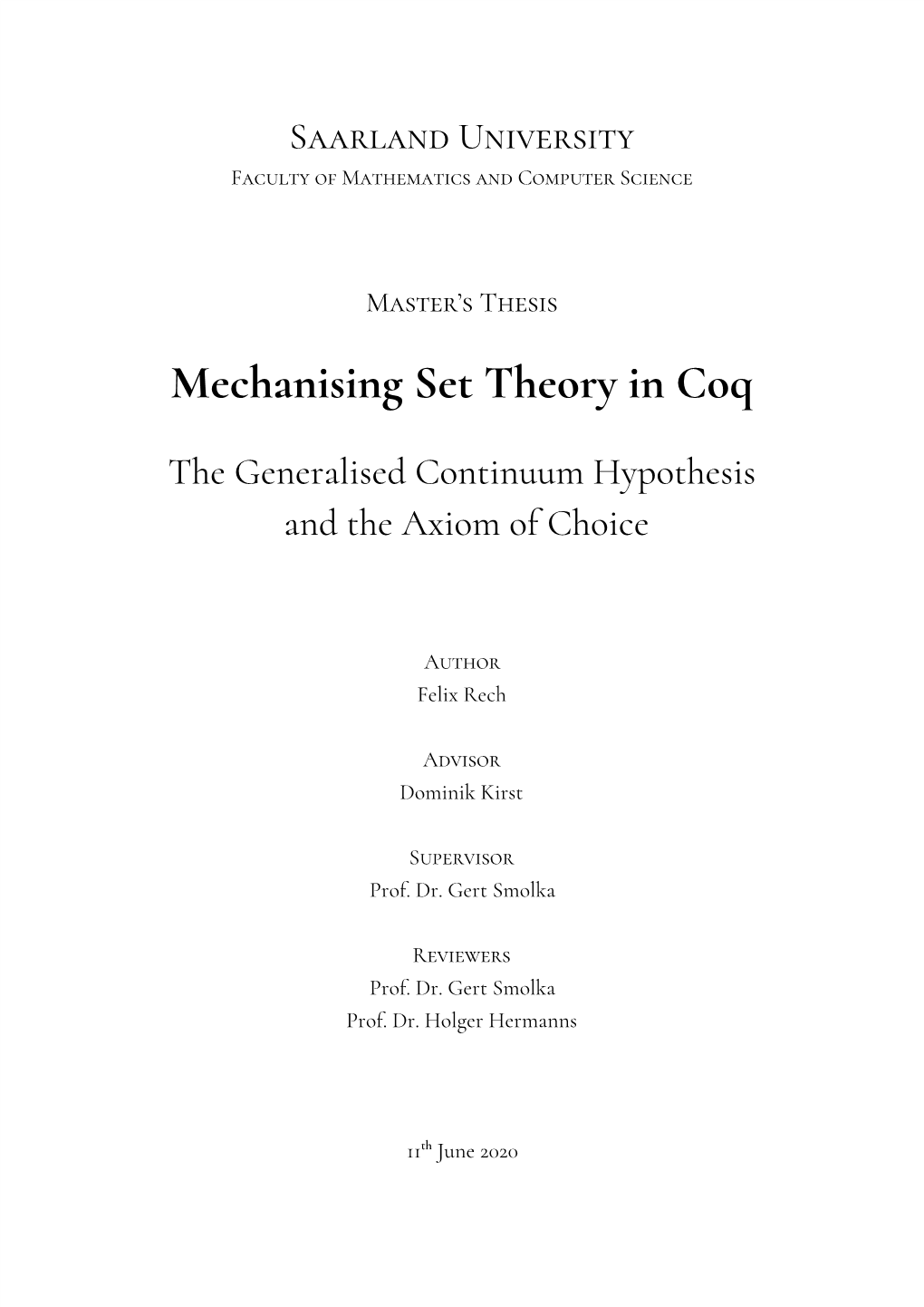 Mechanising Set Theory in Coq