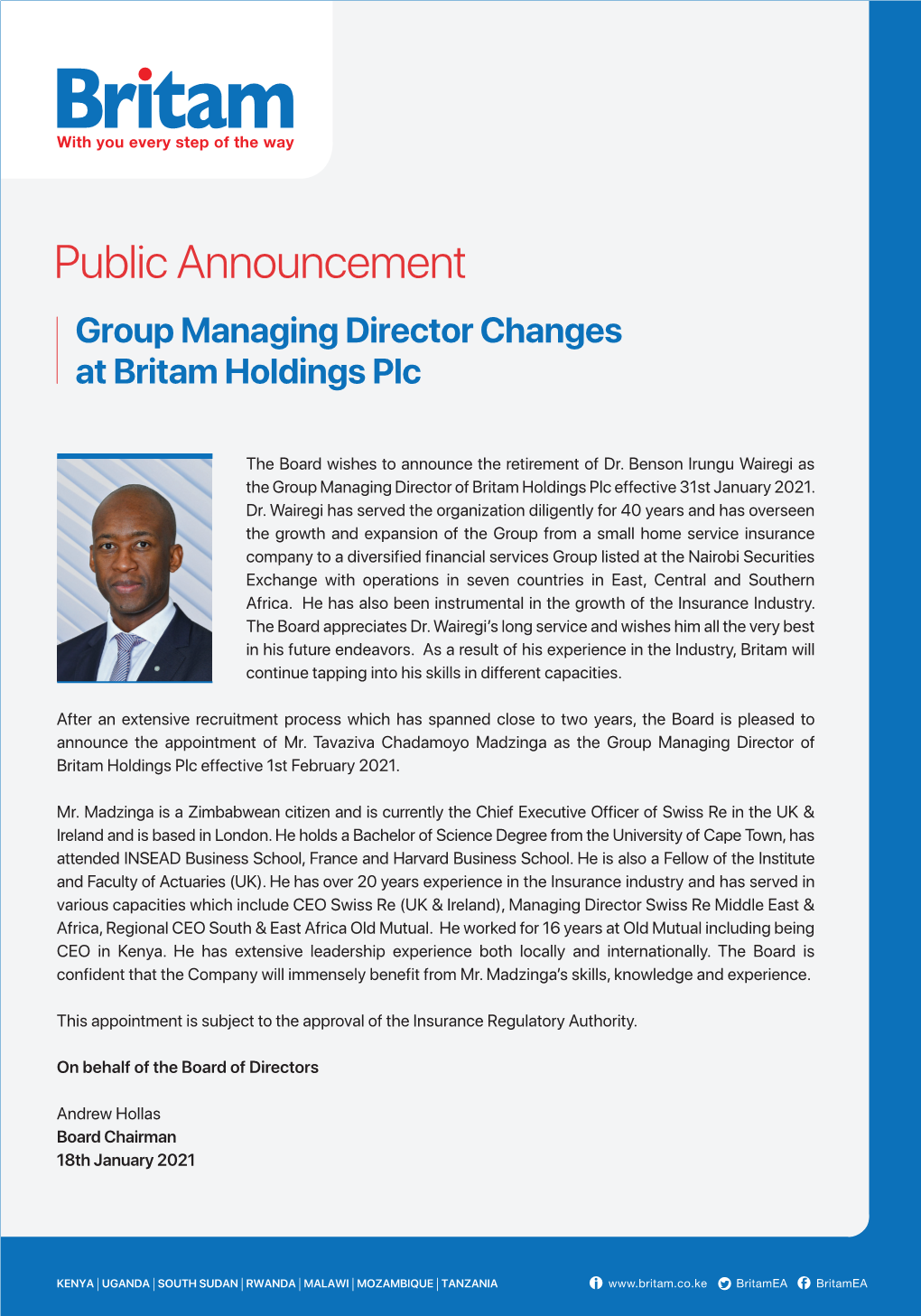 Group Managing Director Changes at Britam Holdings Plc