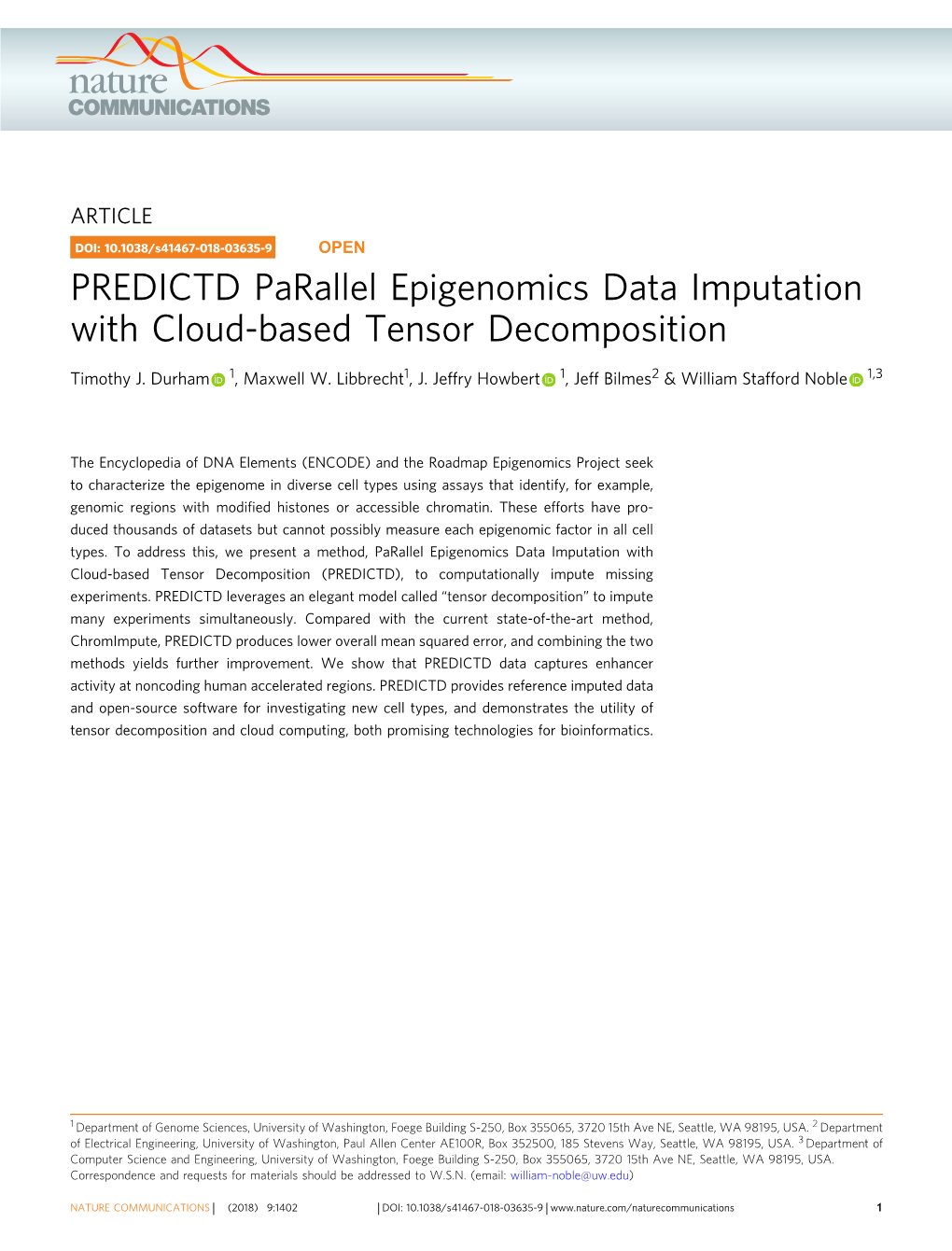 PREDICTD Parallel Epigenomics Data Imputation with Cloud-Based Tensor Decomposition