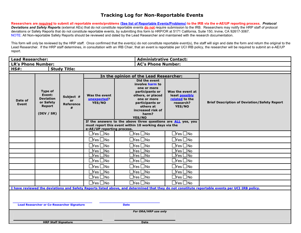 Tracking Log for Non Reportable Events