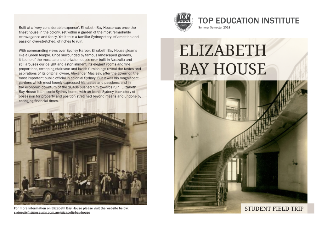 Elizabeth Bay House Was Once the Summer Semester 2018 Finest House in the Colony, Set Within a Garden of the Most Remarkable Extravagance and Fancy