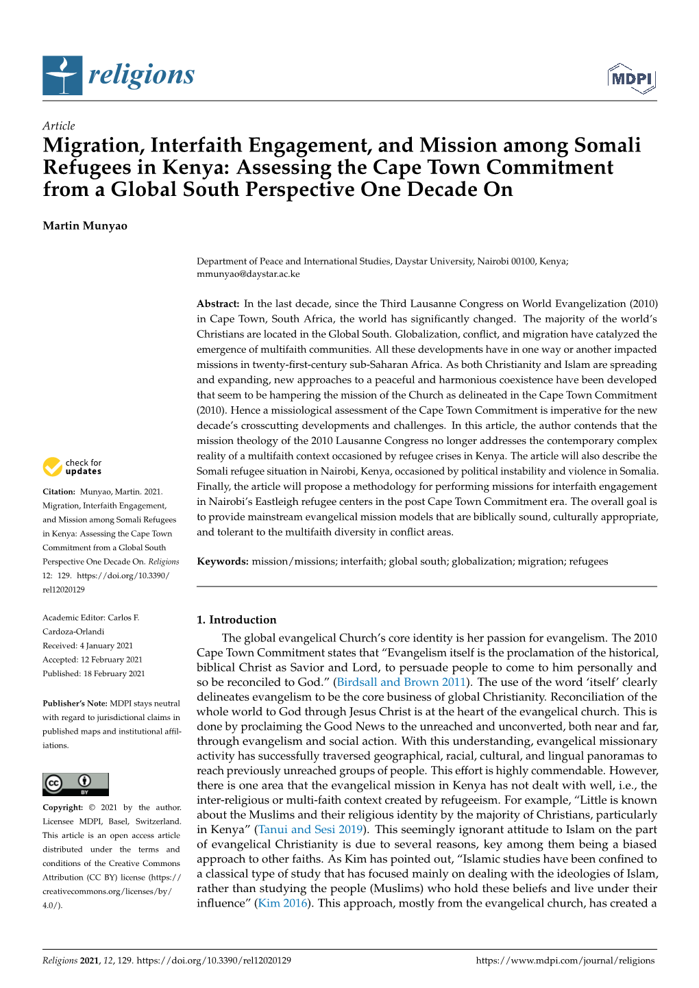 Migration, Interfaith Engagement, and Mission Among Somali Refugees in Kenya: Assessing the Cape Town Commitment from a Global South Perspective One Decade On