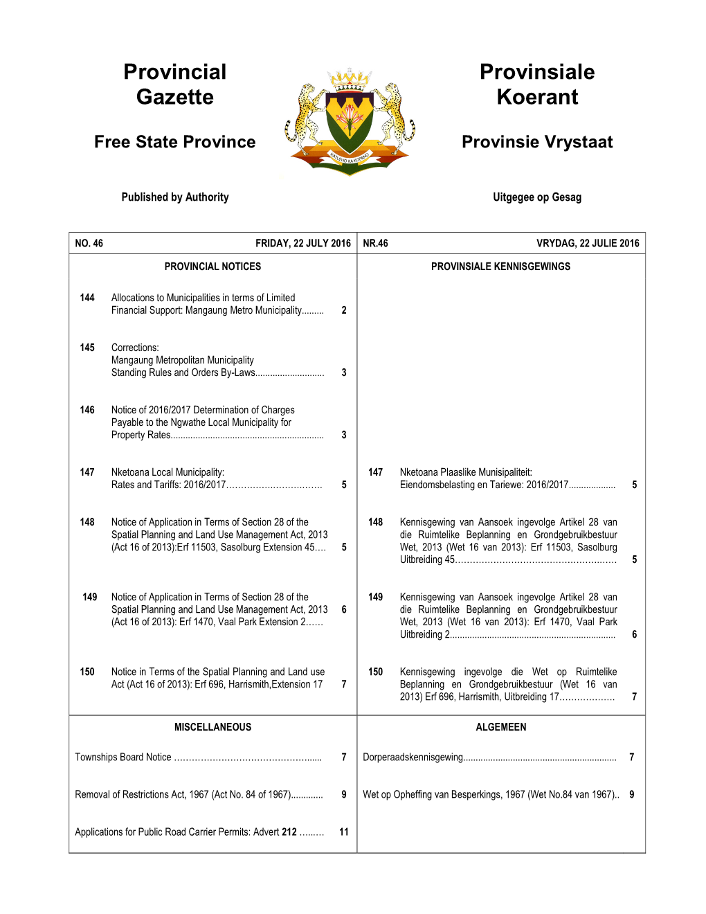 Provincial Gazette for Free State No 46 of 22-July-2016
