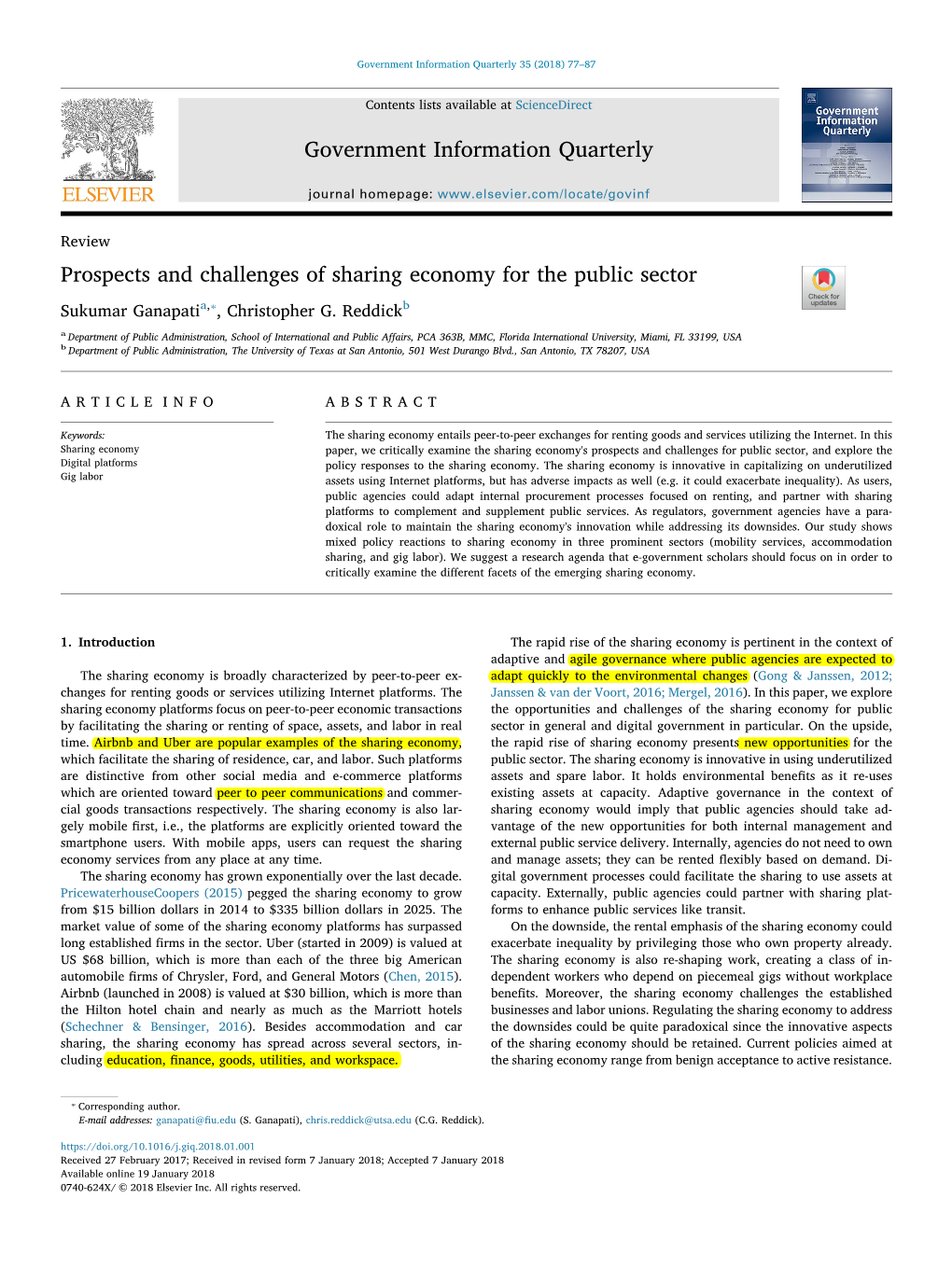 Prospects and Challenges of Sharing Economy for the Public Sector T ⁎ Sukumar Ganapatia, , Christopher G