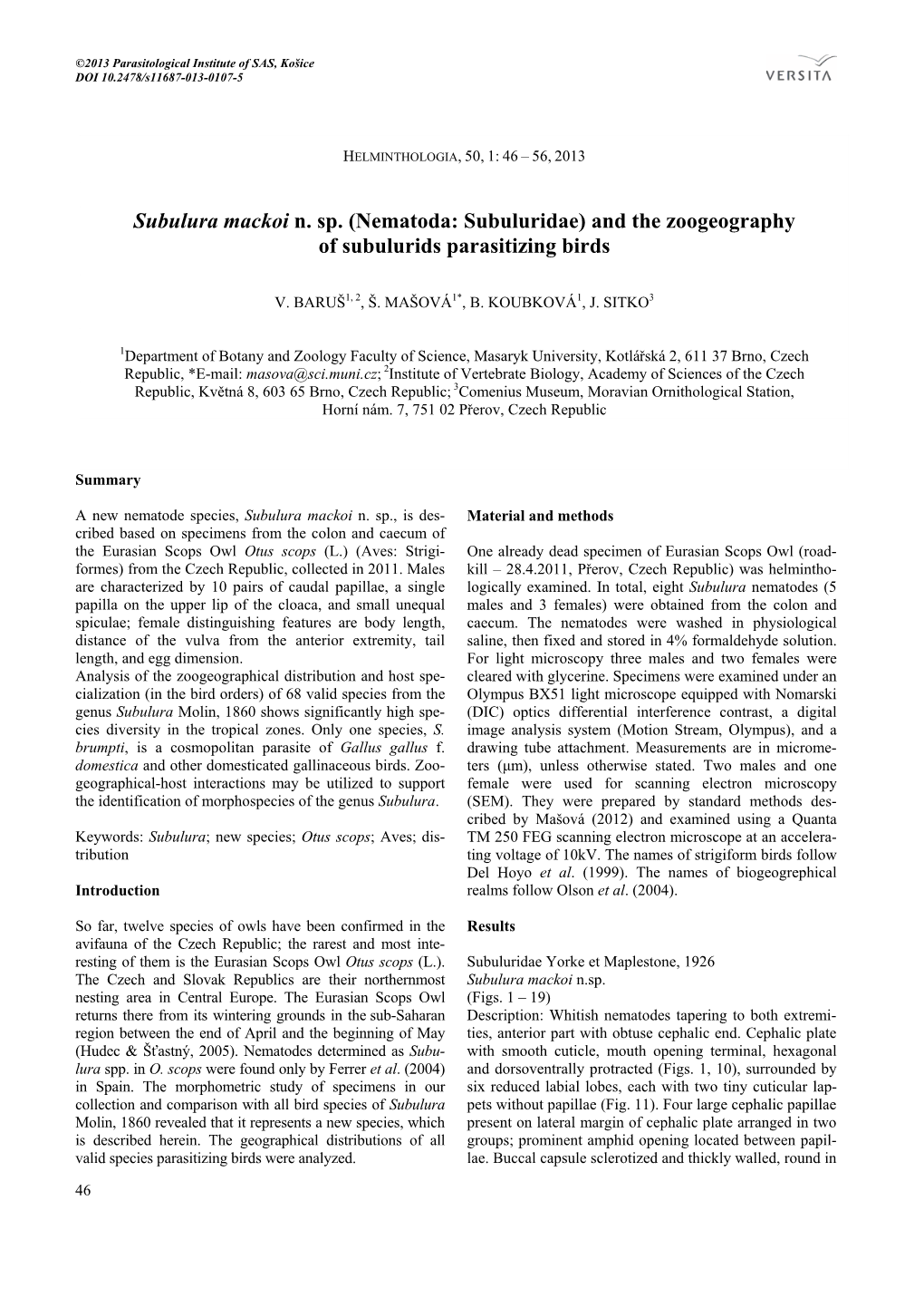 Subulura Mackoi N. Sp. (Nematoda: Subuluridae) and the Zoogeography of Subulurids Parasitizing Birds