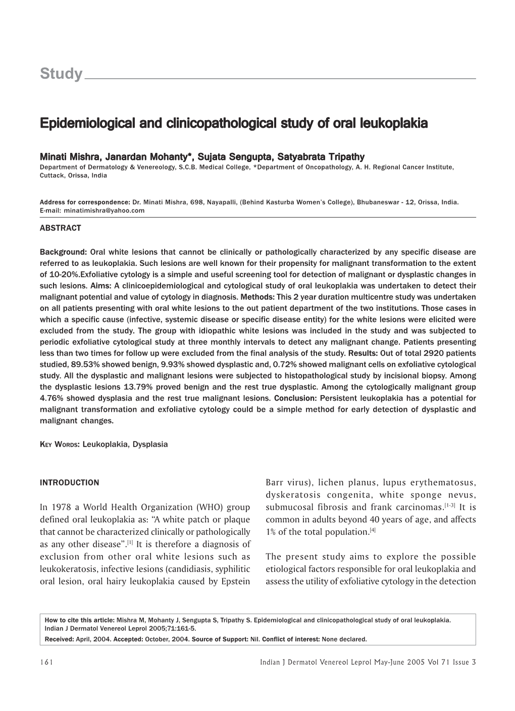 Epidemiological and Clinicopathological Study of Oral Leukoplakia