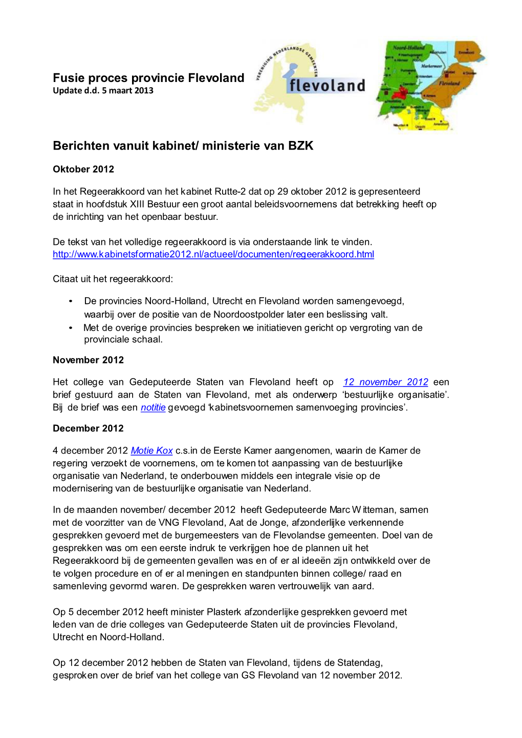 Fusie Proces Provincie Flevoland Berichten Vanuit Kabinet/ Ministerie