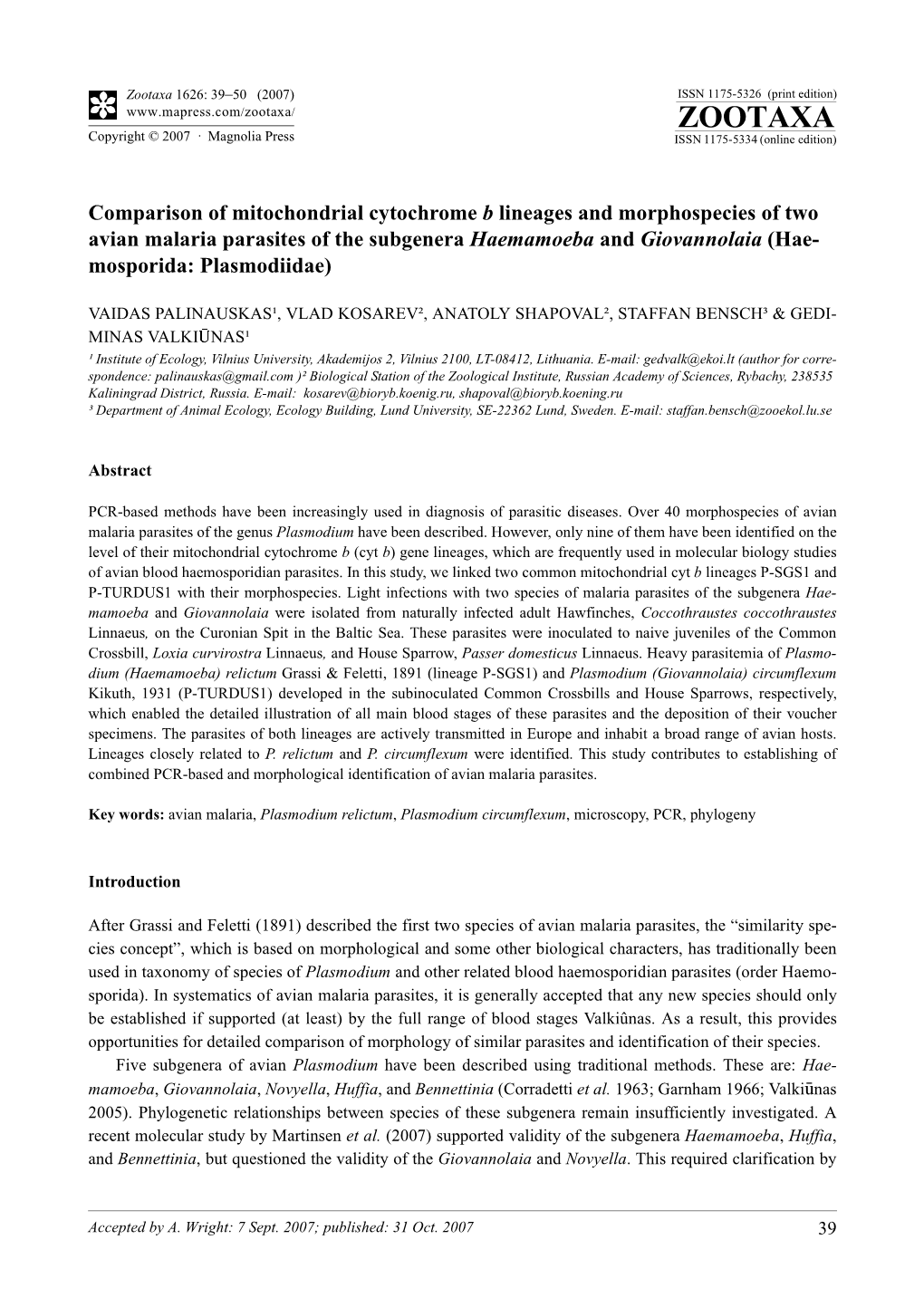 Zootaxa,Comparison of Mitochondrial Cytochrome B