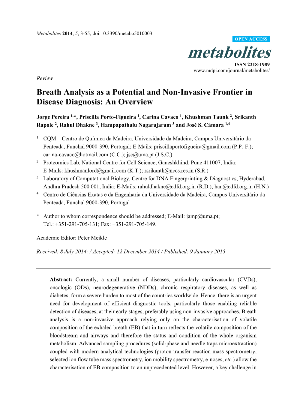 Breath Analysis As a Potential and Non-Invasive Frontier in Disease Diagnosis: an Overview