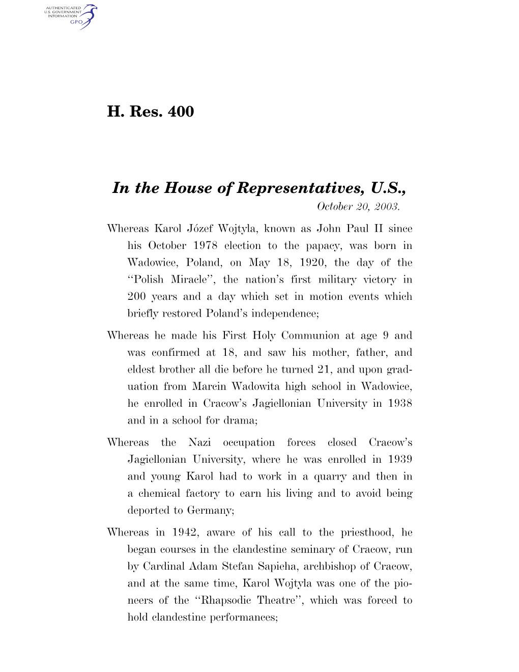 H. Res. 400 in the House of Representatives, U.S