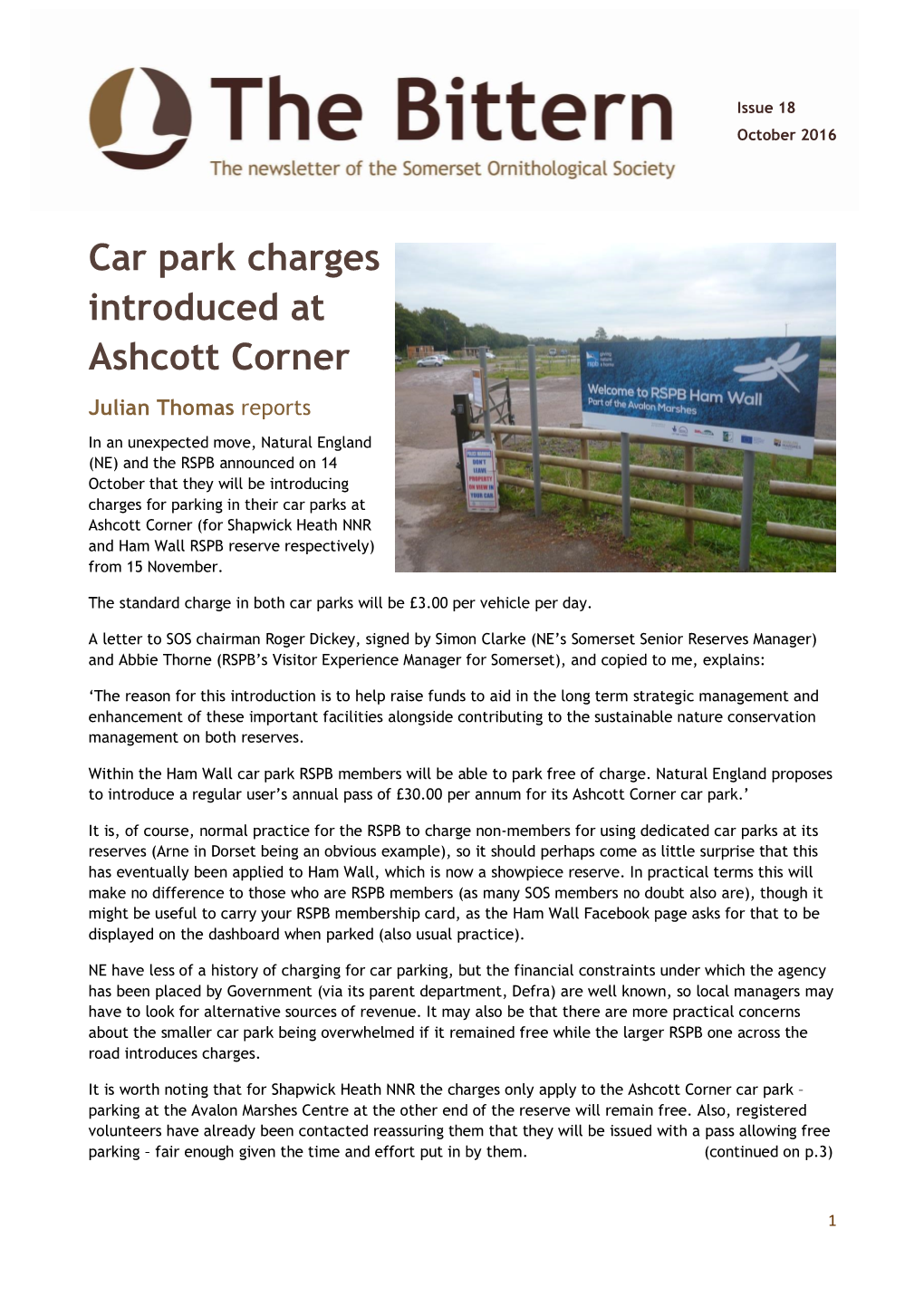 Car Park Charges Introduced at Ashcott Corner Julian Thomas Reports