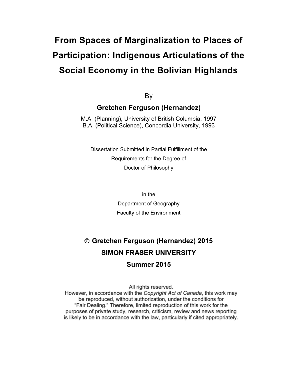 From Spaces of Marginalization to Places of Participation: Indigenous Articulations of the Social Economy in the Bolivian Highlands